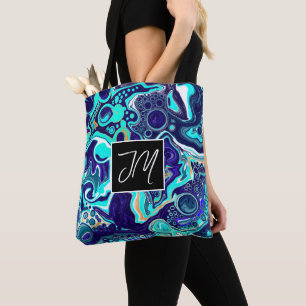 Tote Bag Art Fluide en marbre bleu foncé et bleu d'Aqua Per
