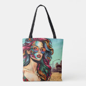 Tote Bag Art fracturé | Femme Abstraite à la plage (Dos)