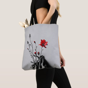 Tote Bag Art gris Fleur Rouge