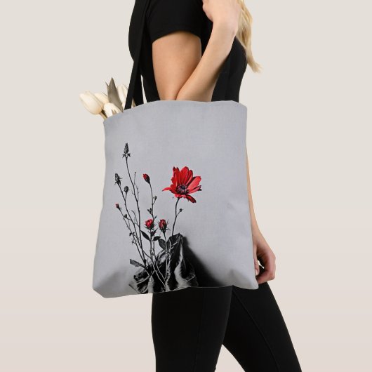 Tote Bag Art gris Fleur Rouge (De près)