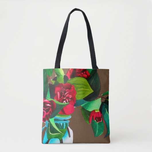 Tote Bag Art original rouge camélia fleurs aquarelle (Devant)