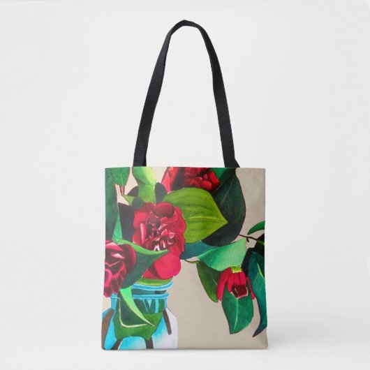 Tote Bag Art original rouge camélia fleurs aquarelle (Devant)