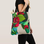 Tote Bag Art original rouge camélia fleurs aquarelle (De près)
