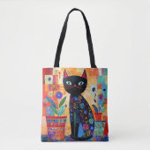 Tote Bag Art populaire de chat noir (plantes en pot) (Devant)
