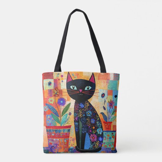 Tote Bag Art populaire de chat noir (plantes en pot) (Dos)