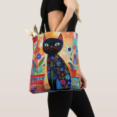 Tote Bag Art populaire de chat noir (plantes en pot) (De près)