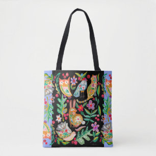 Tote Bag Art populaire Floral Animal Friends Black Personna