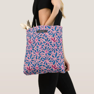 Tote Bag Art populaire inspiré rose et bleu floral