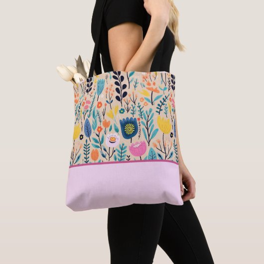 Tote Bag Art populaire moderne floral simple, bloc de coule (De près)