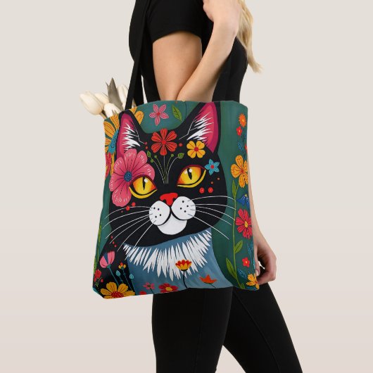 Tote Bag Art populaire noir et blanc Chat et fleurs Whimsic (De près)