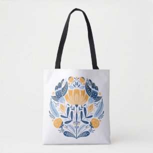 Tote Bag Art populaire ornement rond avec oiseaux, roses et