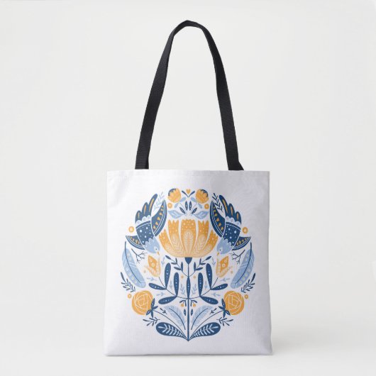 Tote Bag Art populaire ornement rond avec oiseaux, roses et (Devant)