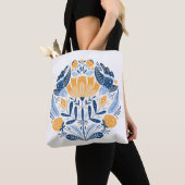 Tote Bag Art populaire ornement rond avec oiseaux, roses et (De près)
