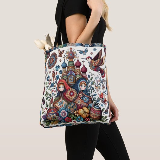 Tote Bag Art populaire russe Babushka Boho Chic Mode art (De près)
