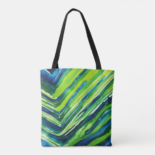 Tote Bag Art rayures vert néon et bleu foncé