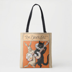 Tote Bag Art Rétro Orange Chat Noir Lapin Blanc Banjo