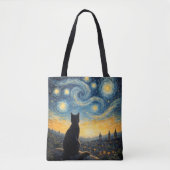 Tote Bag Artistic Black Cat & Celestial Town Reusable  (Devant)