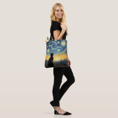 Tote Bag Artistic Black Cat & Celestial Town Reusable  (Sur le modèle)