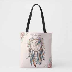 Tote Bag Attrape-rêve personnalisé au nom en aquarelle bohè