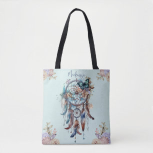 Tote Bag Attrape-rêve personnalisé au nom en aquarelle bohè