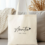 Tote Bag Auntie Est année manuscrite écriture coeur<br><div class="desc">Sac fourre-tout avec le texte "Tante" dans une police manuscrite de style script avec un petit coeur à la fin et l'année ci-dessous.</div>