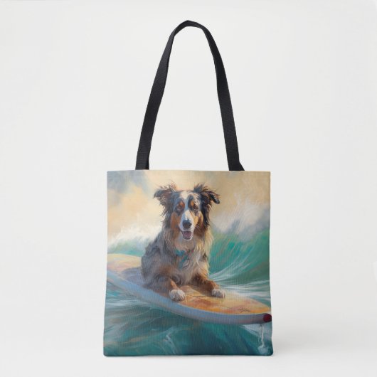 Tote Bag Australian Shepherd Beach Surfing Peinture (Devant)