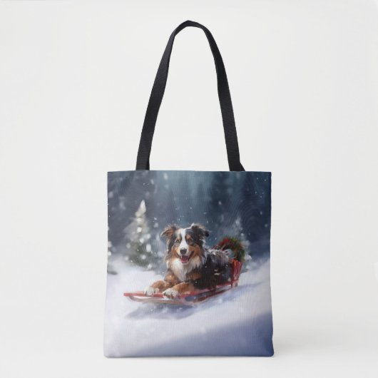 Tote Bag Australian Shepherd hiver neige de Noël (Devant)