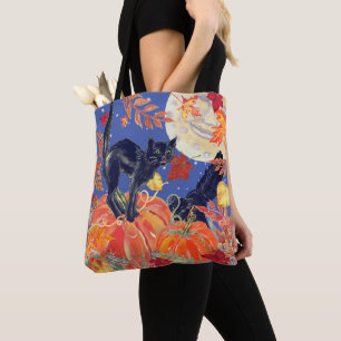 Tote Bag Automne Chat noir Feuille Lune Citrouille Patch Ha