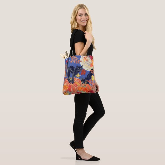 Tote Bag Automne Chat noir Feuille Lune Citrouille Patch Ha (Sur le modèle)