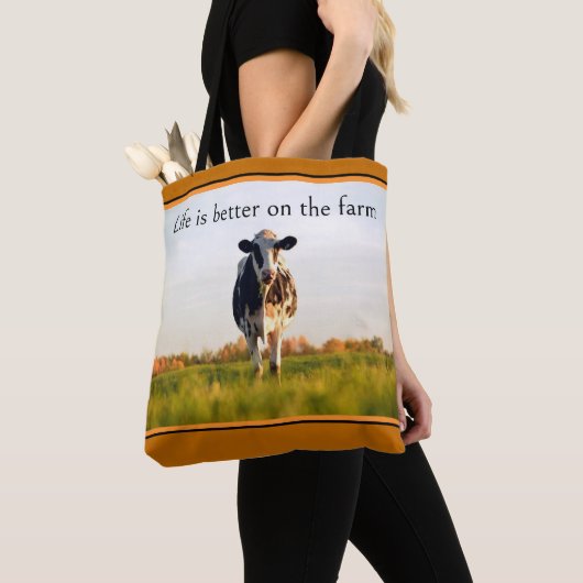 Tote Bag Automne Holstein Vache La vie est meilleure à la f (De près)