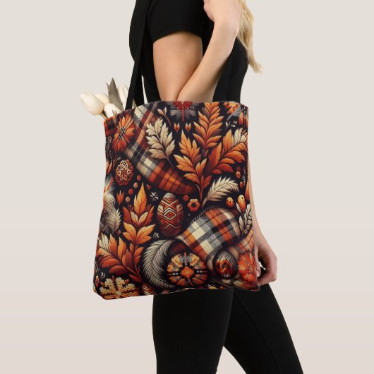 Tote Bag Automne Plaid Feuilles Orange Black Motif (De près)