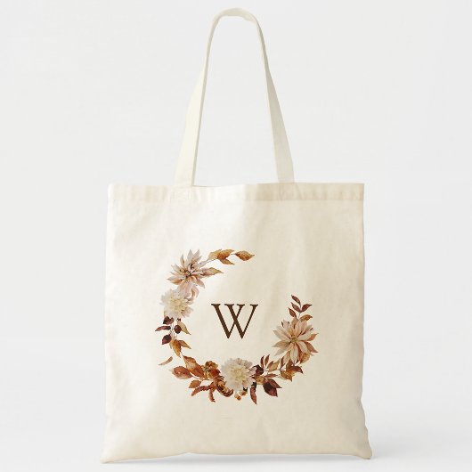 Tote Bag Automne Terracotta Aquarelle Feuilles Wreath Monog