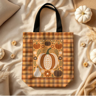 Tote Bag Autumn Gourds Folk Art sur Brown Plaid