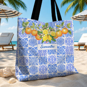Tote Bag Azulejo bleu méditerranéen sicilien jaune