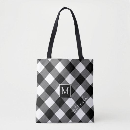 Tote Bag B&W Buffalo Check Plaid Monogramme Nom (Devant)