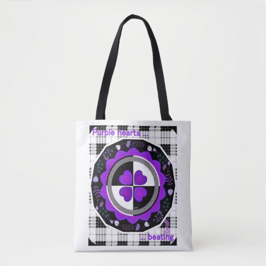 Tote Bag B&W Purple Hearts Beating (Devant)