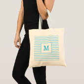 Tote Bag Baby Blue and White Stripes Custom Monogram (Devant (produit))