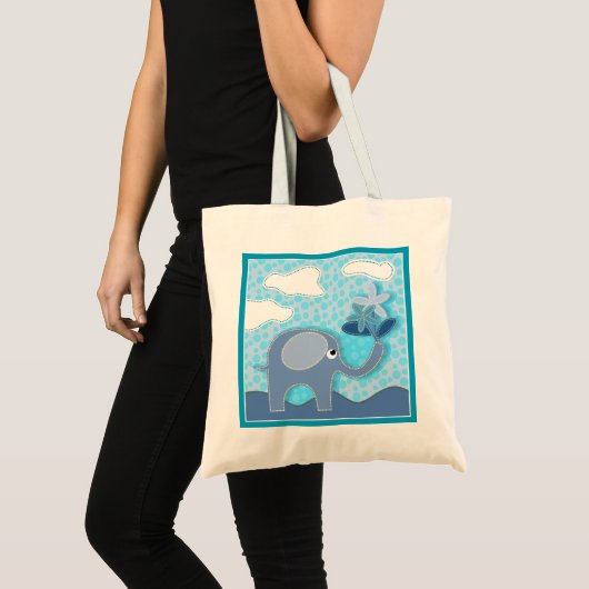 Tote Bag Baby Blue Elephant and Flowers (Devant (produit))