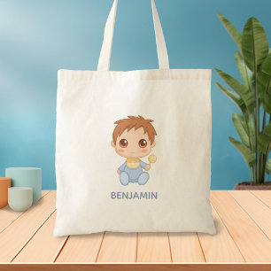 Tote Bag Baby Boy Blue Jumpsuit Nom personnalisé