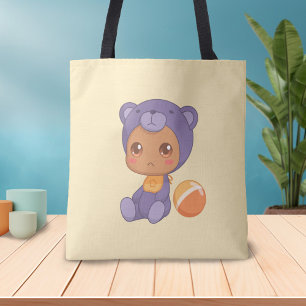 Tote Bag Baby Boy Girl Purple Bear Jumpsuit sur Jaune