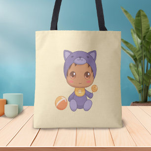 Tote Bag Baby Boy Girl Purple Chat Jumpsuit sur Jaune