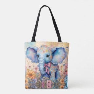 Tote Bag Baby Elephant dans un jardin pastel