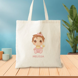 Tote Bag Baby Girl Pink Jumpsuit Nom personnalisé