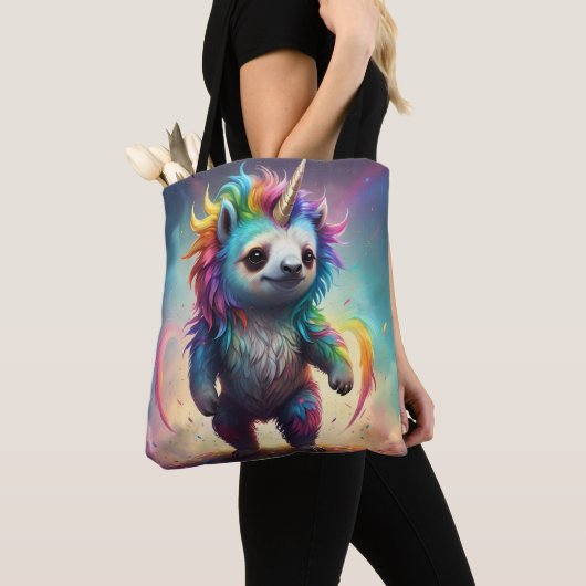 Tote Bag Baby Rainbow Unicorn Sloth, (De près)
