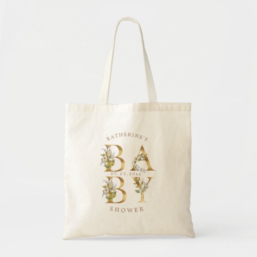 Tote Bag baby shower monogramme or fleuri (Devant)