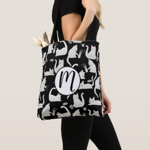 Tote Bag Bad Cats Knocking Stuff Over, White Cats on Black