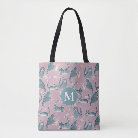 Tote Bag Bad Grey Tabby Chats Frappe Stuff Over & Monogramm (Devant)