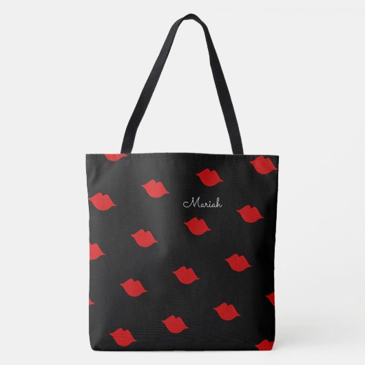 Tote Bag baisers rouges avec ton nom en noir (Devant)