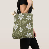 Tote Bag Baisson blanc tropical sur vert olive Élégant (De près)