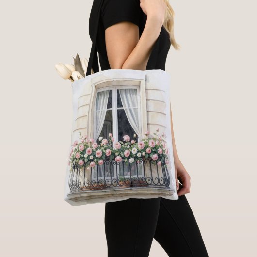 Tote Bag Balcon fleuri de Paris aquarelle (De près)